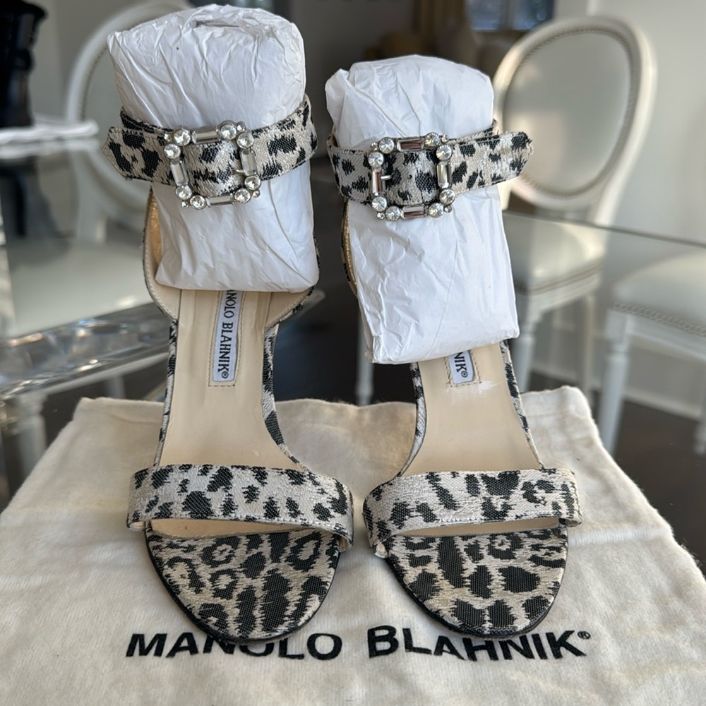 Manolo Blahnik Leopard Print Crystal Buckle Ankle Strap Sandal 36
